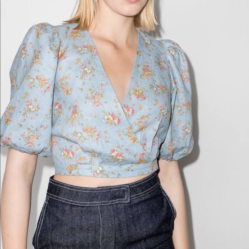 Reformation floral blue wrap around blouse Sz M